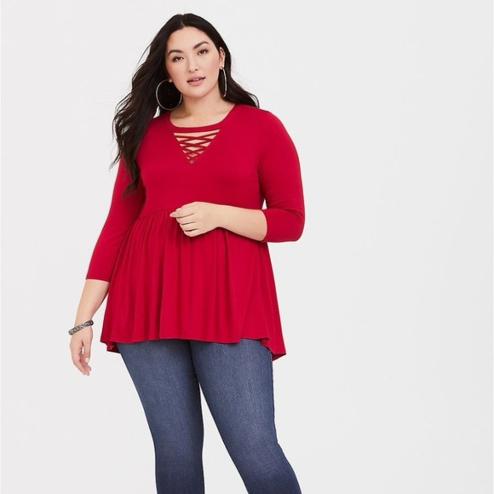 Torrid Super Soft Red Lattice Babydoll Top